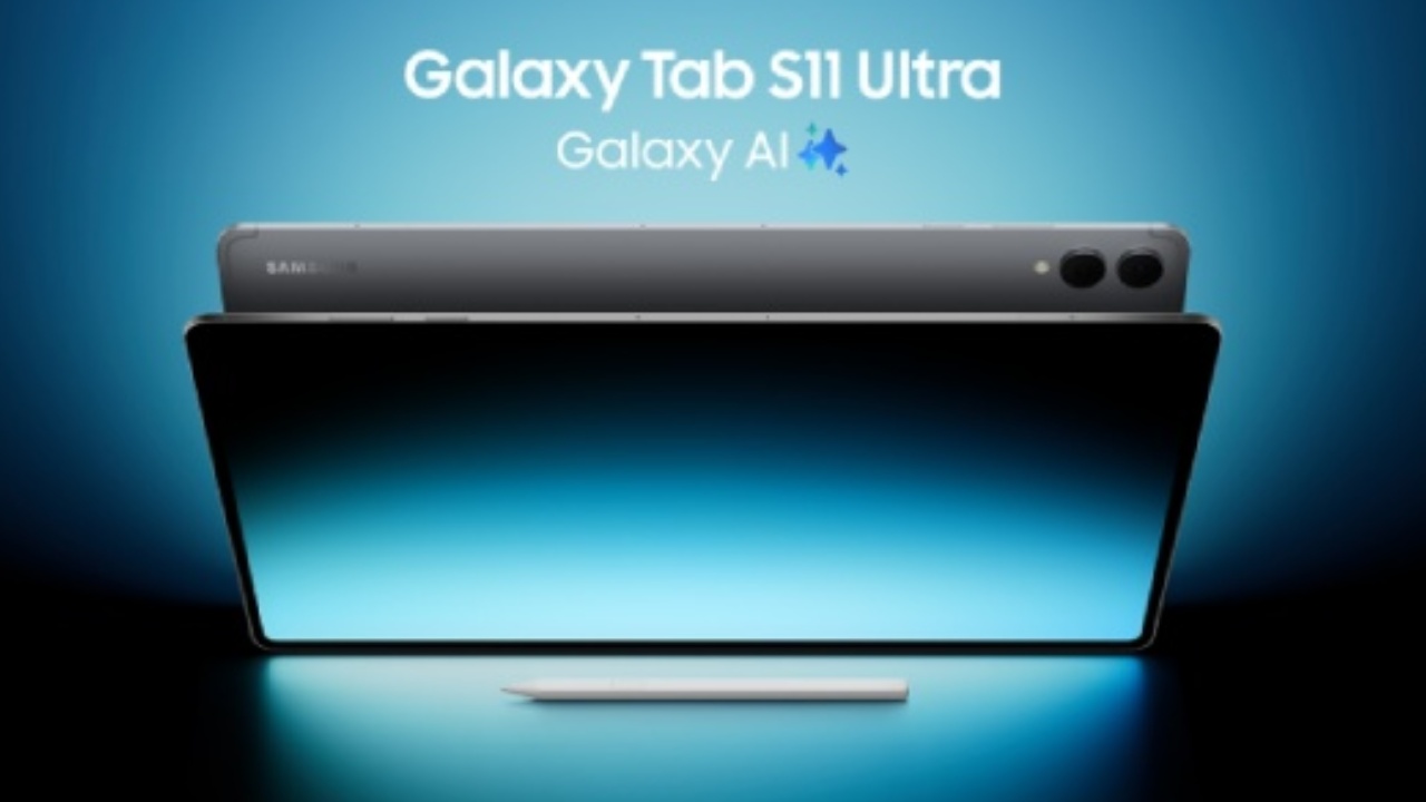 Samsung Galaxy Tab S11 अल्ट्रा का 14.6-इंच का डायनैमिक AMOLED 2X डिस्प्ले, जो एक चमकदार वीडियो चला रहा है।