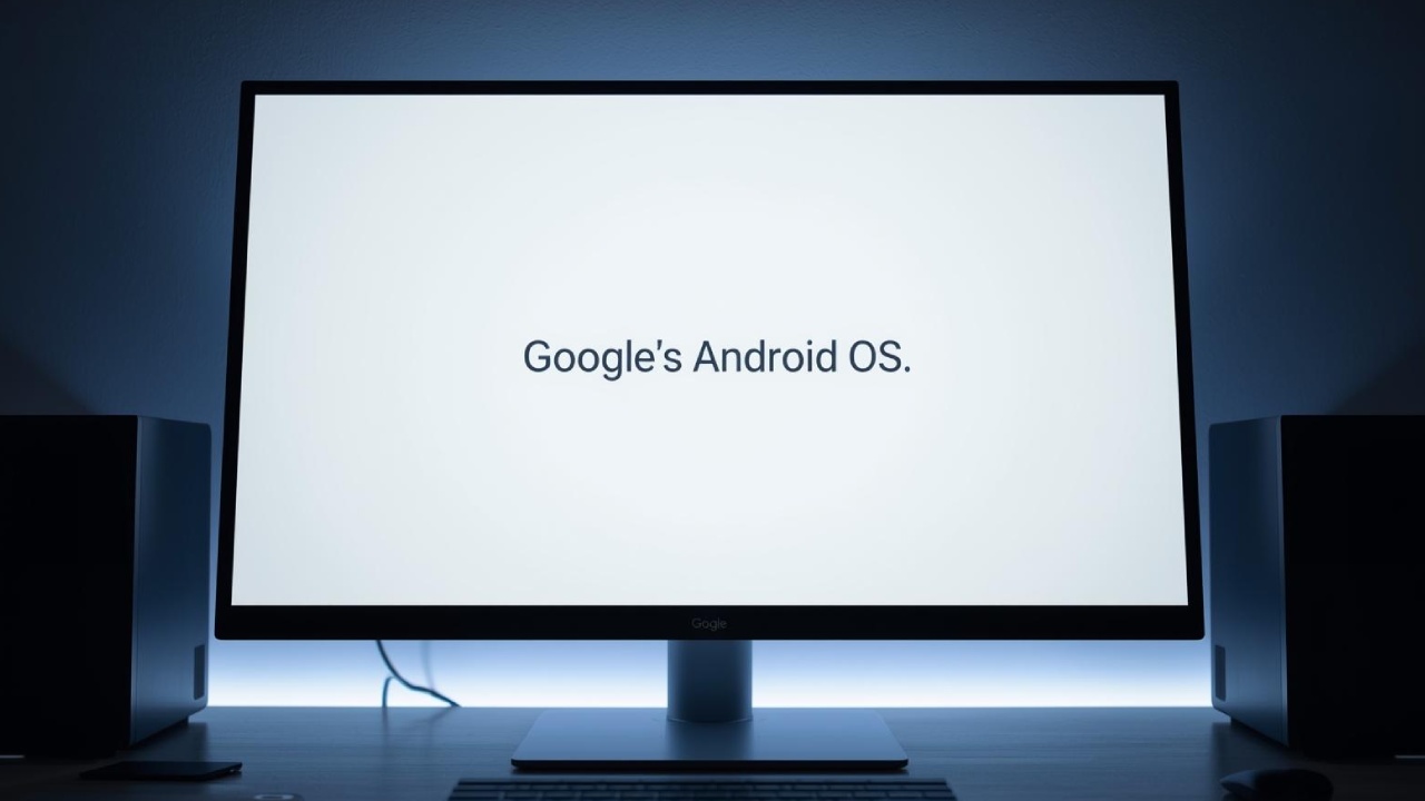 एक आधुनिक लैपटॉप स्क्रीन पर Googles Android OS का डेस्कटॉप इंटरफेस दिख रहा है, जिसमें फोन और पीसी आइकन के बीच कनेक्शन को दर्शाया गया है।