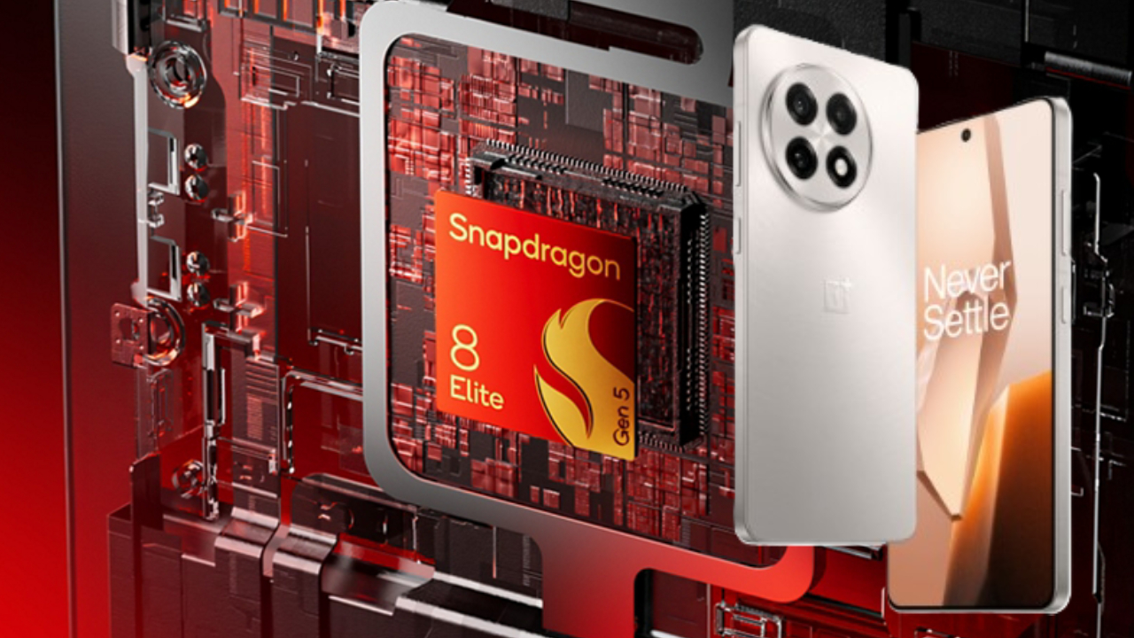 वनप्लस 15 स्मार्टफोन का काले रंग में एक स्टूडियो शॉट, जिसके स्क्रीन पर Snapdragon 8 Elite Gen 5 का लोगो प्रदर्शित हो रहा है।