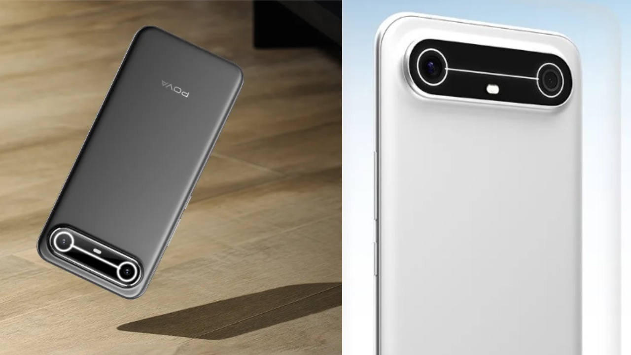Tecno Pova Slim 5G स्मार्टफोन की तस्वीर, जो दुनिया का सबसे पतला 5G फोन है, जिसमें डायनामिक मूड लाइट सिस्टम और 50MP कैमरा दिख रहा है।