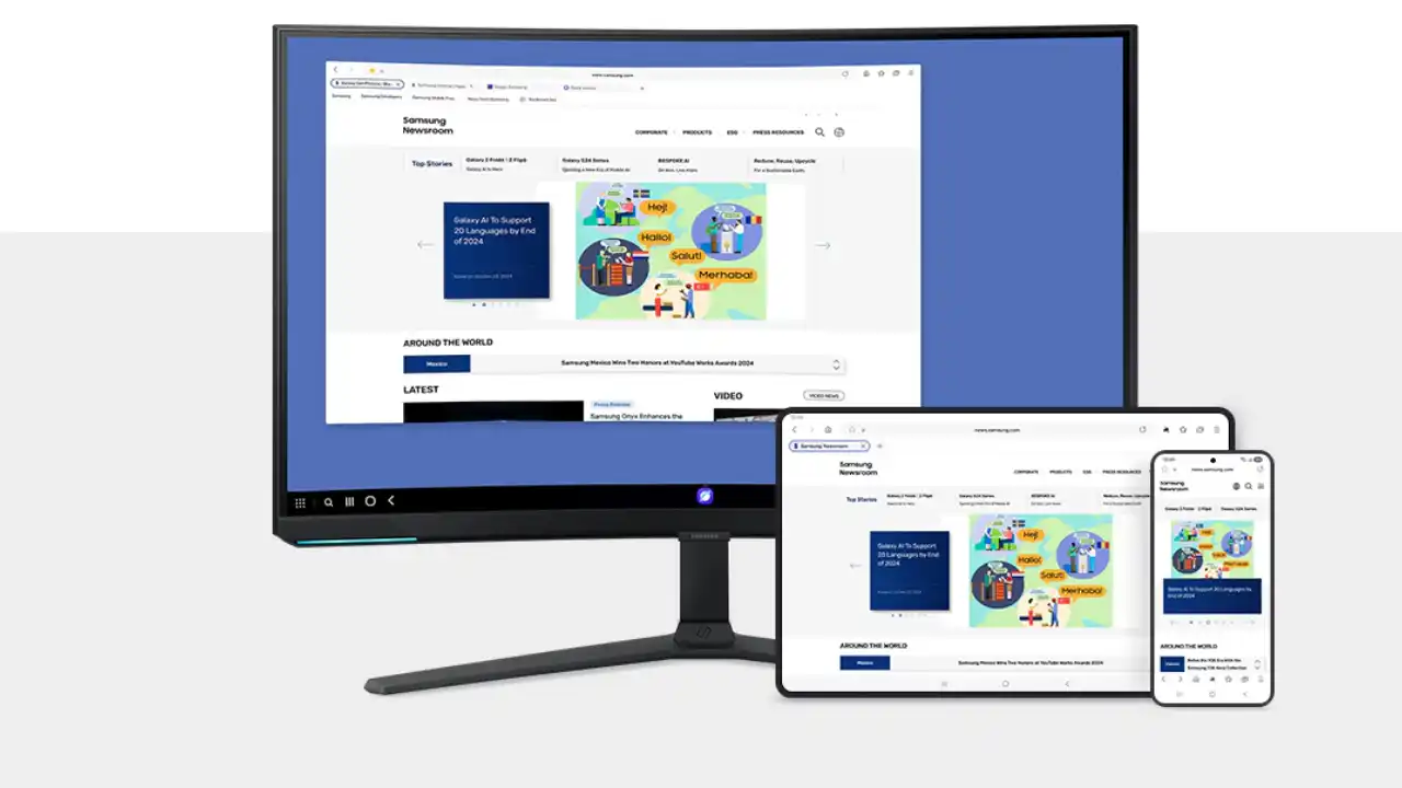 Samsung Internet Browser Update, Samsung Internet Browser Windows PC संस्करण का होम स्क्रीन, मोबाइल और PC के बीच सिंकिंग और AI फीचर्स दिखाते हुए।