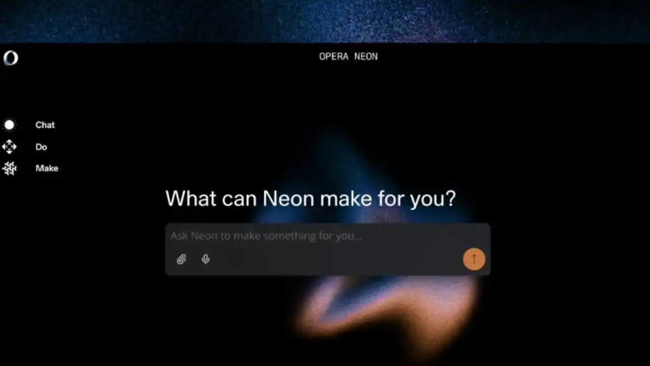 AI Powered Browser Opera Neon, ब्राउजर का लोगो जिसमें नीले-हरे रंगों में फ्यूचरिस्टिक AI एजेंट और 1-मिनट डीप रिसर्च फीचर दिख रहा है, Google Gemini 3 Pro मॉडल के साथ।