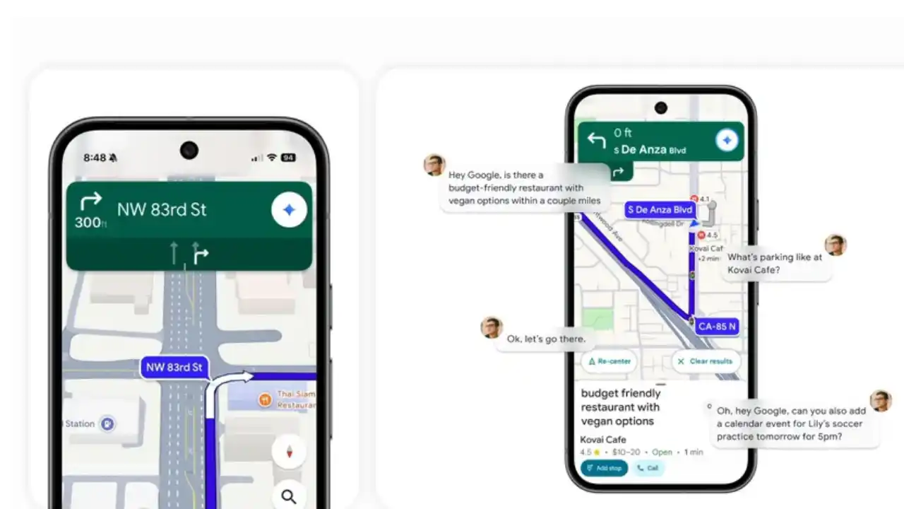 Google Maps Update 2025 स्क्रीनशॉट जिसमें Gemini AI के साथ हैंड्स-फ्री नेविगेशन, लोकल भाषा और सेफ्टी अलर्ट फीचर्स दिखाए गए हैं।