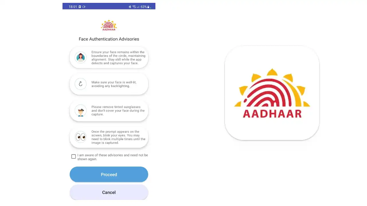 New Aadhaar App with Face ID,नया Aadhaar ऐप 2025 का स्क्रीनशॉट जिसमें फेस आईडी और QR कोड आधारित डिजिटल पहचान सत्यापन फीचर दिखाया गया है।