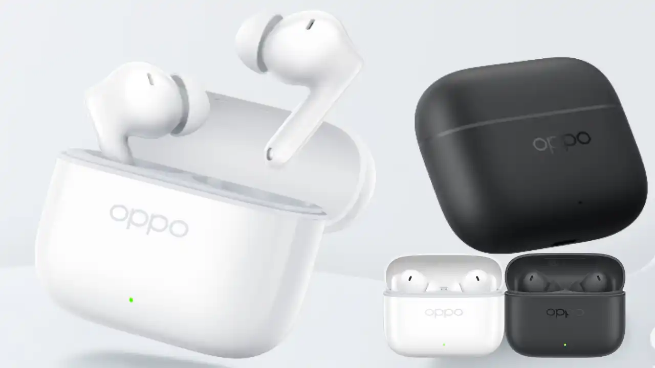 OPPO Enco Buds 3 Pro+ वायरलेस ईयरबड्स का क्लोज़अप, जिसमें टाइटेनियम-कोटेड 12.4mm ड्राइवर और IP55 वाटर रेजिस्टेंस फीचर्स दिख रहे हैं।