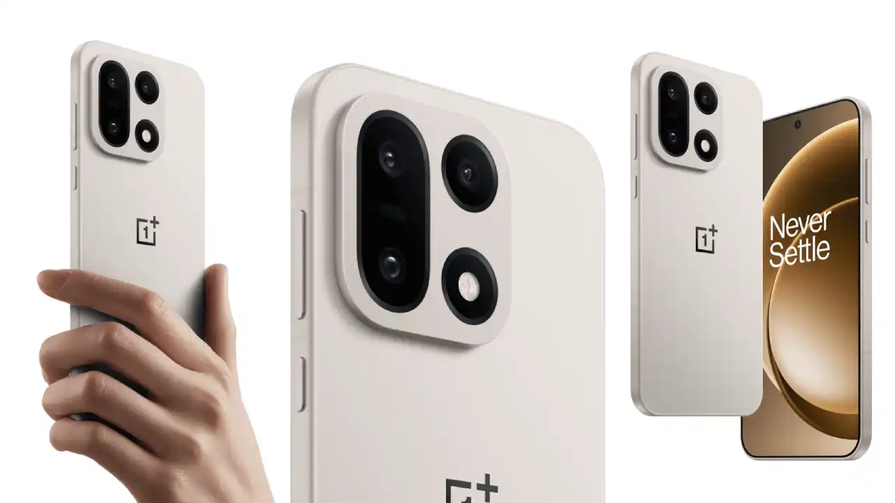 OnePlus 15R 5G स्मार्टफोन का फ्रंट और बैक दृश्य, जिसमें AMOLED डिस्प्ले और ट्रिपल कैमरा सेटअप स्पष्ट दिख रहा है