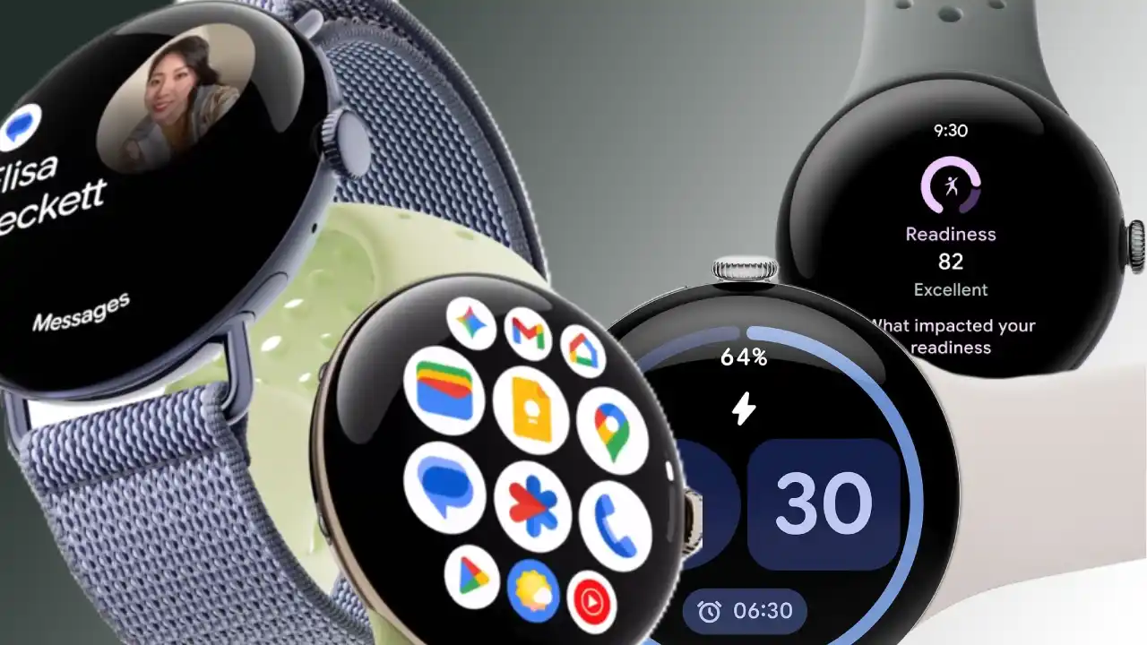 Pixel Watch 3 vs 4, Pixel Watch 4 और Pixel Watch 3 की तुलना करते हुए स्मार्टवॉच स्क्रीन, सेटिंग्स, और नए फीचर्स दिखाते हुए