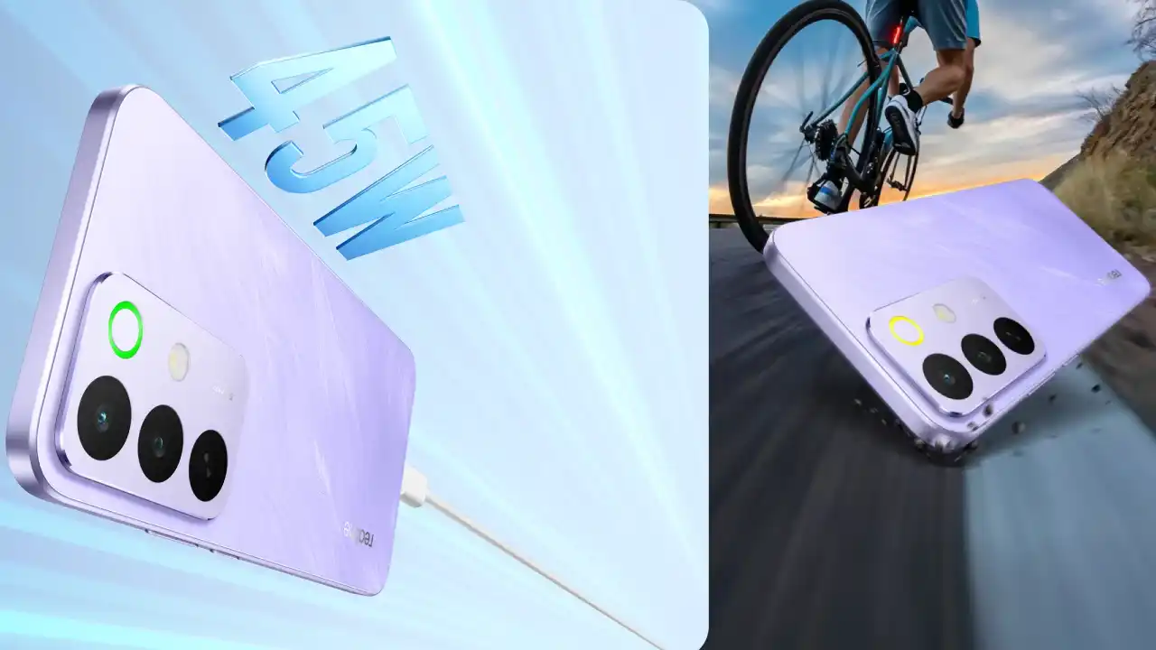 Realme C85 5G 144Hz Display स्मार्टफोन का फ्रंट व्यू: 6.8-इंच 144Hz IPS स्क्रीन, 7000mAh बैटरी और IP69 रेटिंग के साथ ग्रीन कलर में।