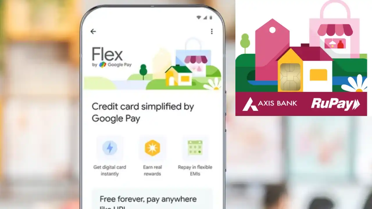 Google Pay ऐप स्क्रीनशॉट दिखाते हुए Flex Credit Card, Pocket Money फीचर और ग्राहक रेटिंग्स के नए UPI-संचालित अपडेट्स, Axis Bank पार्टनरशिप के साथ भारतीय उपयोगकर्ताओं के लिए डिजिटल क्रेडिट क्रांति।