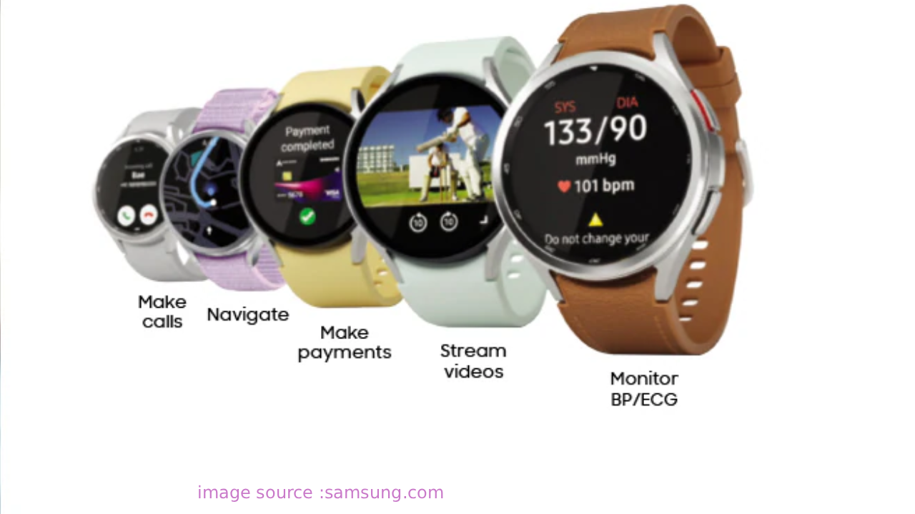 गैलेक्सी वॉच 4 स्मार्टवॉच का स्क्रीनशॉट जिसमें Wear OS 6 आधारित One UI 8 Watch अपडेट नोटिफिकेशन दिख रहा है, बैकग्राउंड में दो Galaxy Watch 4 Update आइकॉन्स के साथ।