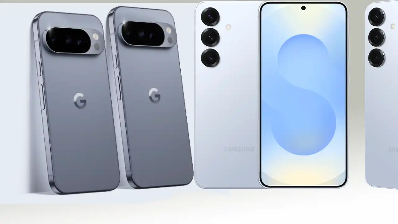 Google Pixel 10 Pro XL Specifications और Samsung Galaxy S25+ की साइड-बाय-साइड तुलना इमेज जिसमें डिस्प्ले, कैमरा, बैटरी और प्रमुख स्पेसिफिकेशन्स दिखाए गए हैं। Pixel 10 Pro XL के फीचर्स जैसे 6.8-इंच OLED स्क्रीन, Tensor G5 चिप और 5200mAh बैटरी हाइलाइट किए गए हैं।