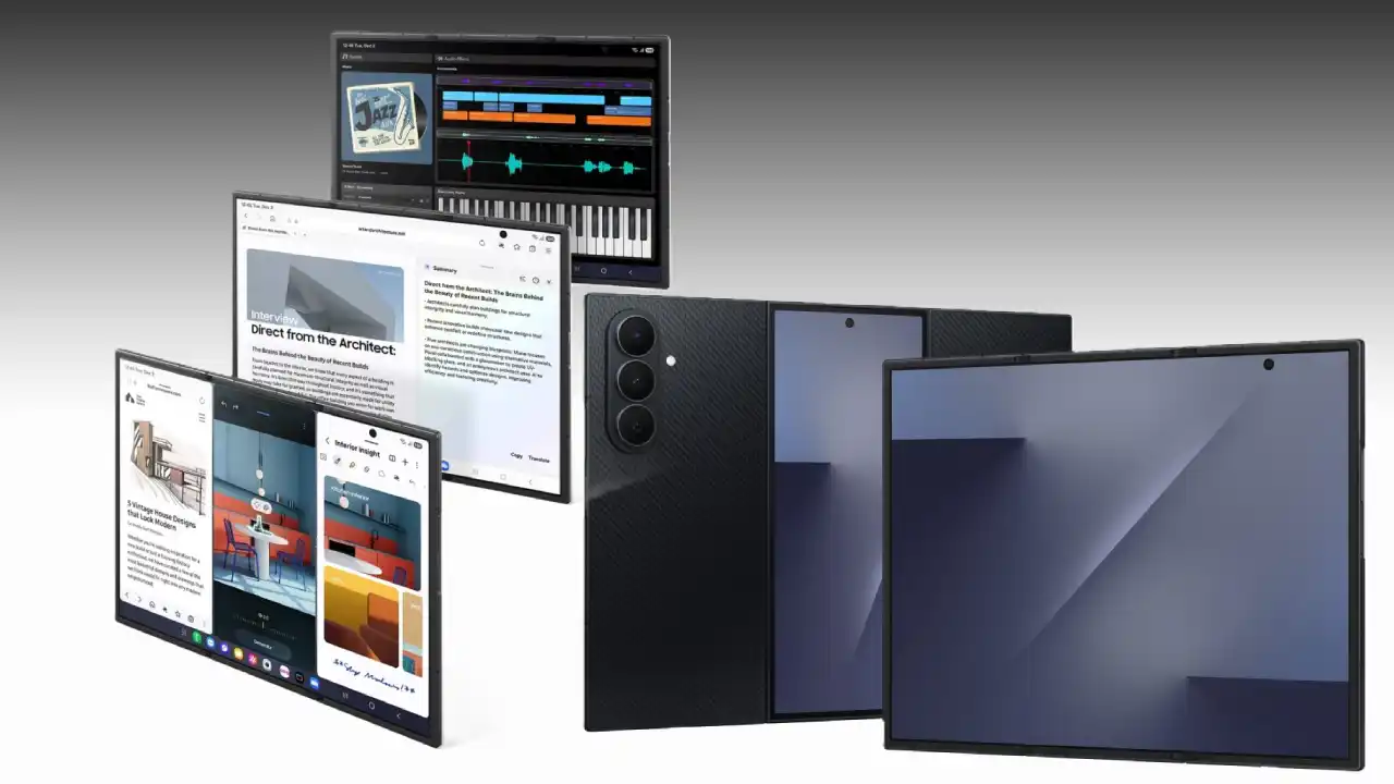 Samsung Galaxy Z Trifold Features,Phone को तीन अलग-अलग अवस्थाओं में दिखाया गया है: पूरी तरह खुला एक टैबलेट की तरह, आधा मुड़ा हुआ स्टैंड मोड में, और पूरी तरह बंद एक कॉम्पैक्ट फोन के रूप में।