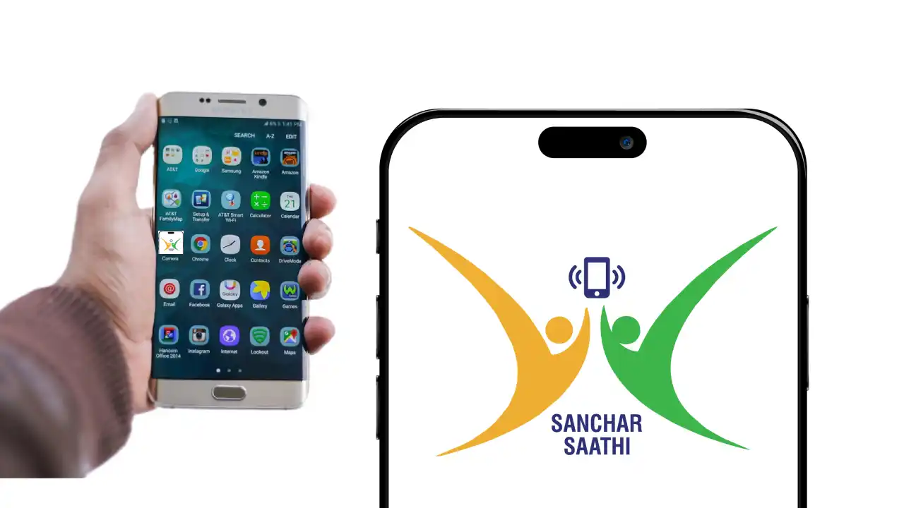 Sanchar Saathi App Features, Sanchar Sathi App का लोगो, जो एक स्मार्टफोन स्क्रीन पर दिख रहा है, जिस पर ऐप की मुख्य विशेषताएं - खोया फोन ब्लॉक करना, फ्रॉड रिपोर्ट करना और कनेक्शन जांचना - हाइलाइट की गई हैं।