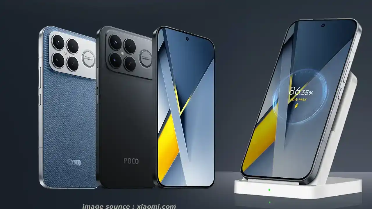 Xiaomi Poco F8 Ultra फोन का मैट ब्लैक फिनिश में स्टूडियो शॉट, जिसमें इसका बड़ा कैमरा मॉड्यूल और चमकदार डिस्प्ले दिख रहा है।