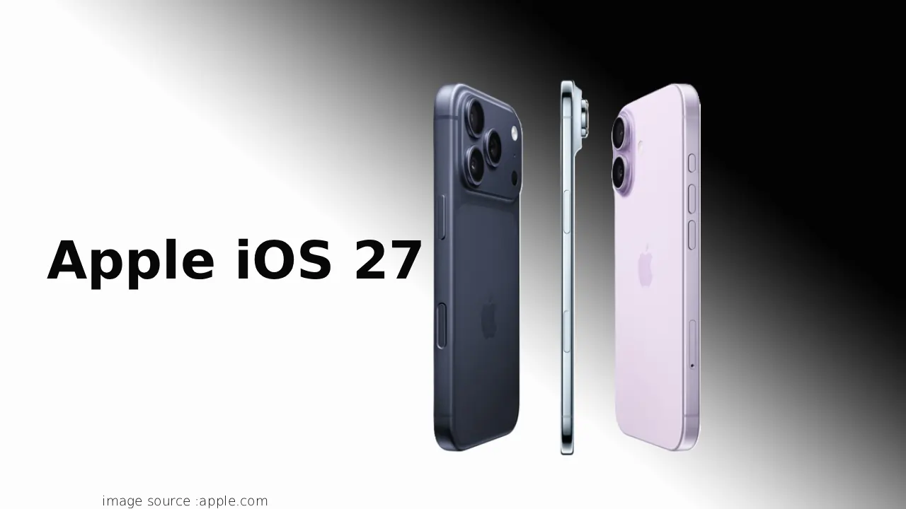 Apple iOS 27 features का ग्राफिक: AI Siri, फोल्डेबल iPhone सपोर्ट, हेल्थ कोच और सपोर्टेड डिवाइस लिस्ट दिखाती iPhone 12 से 17 सीरीज।
