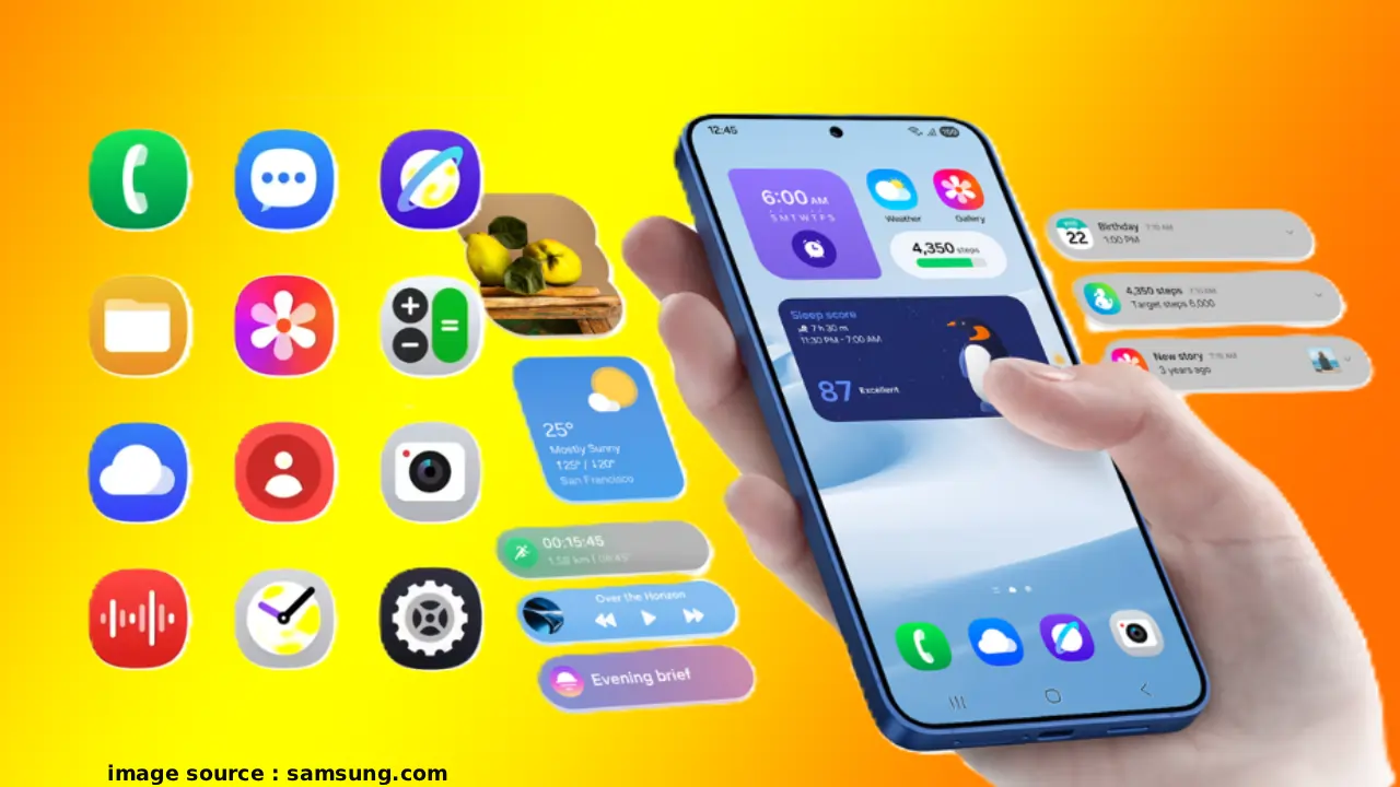 Samsung Home Up का One UI 8.5 अपडेट दिखाता हुआ ग्राफिक: नई कस्टमाइजेशन सुविधाएं जैसे Large Folders, विजेट प्लेसमेंट और Galaxy Z कवर स्क्रीन ऑप्शन्स होम स्क्रीन पर। Download Samsung Updates बटन के साथ आकर्षक विजुअल।