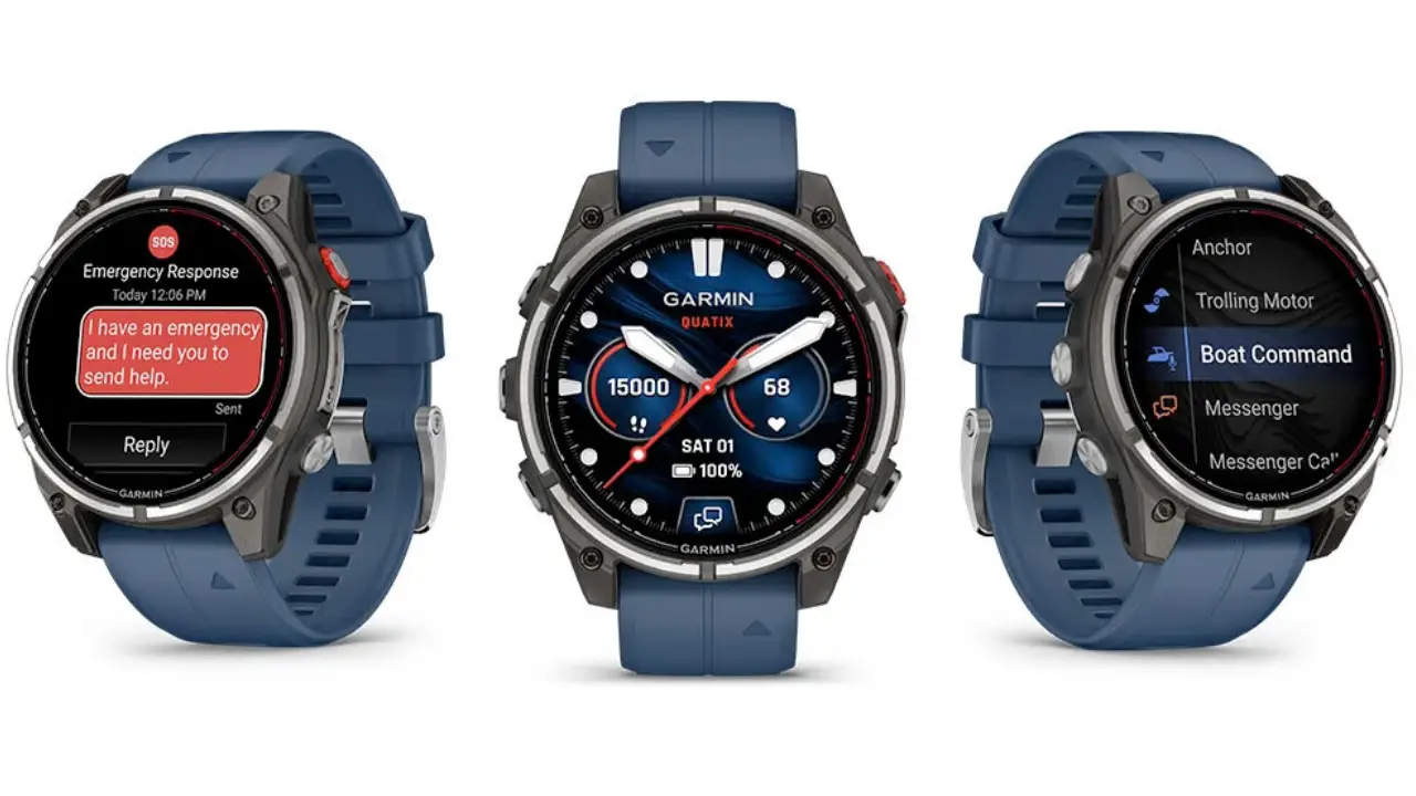 Garmin Quatix 8 Pro स्मार्टवॉच का फीचर-रिच इमेज: चमकदार AMOLED डिस्प्ले, LTE कनेक्टिविटी, सैटेलाइट SOS बटन, मरीन सेंसर और टाइटेनियम डिज़ाइन समुद्री एडवेंचर्स के लिए।