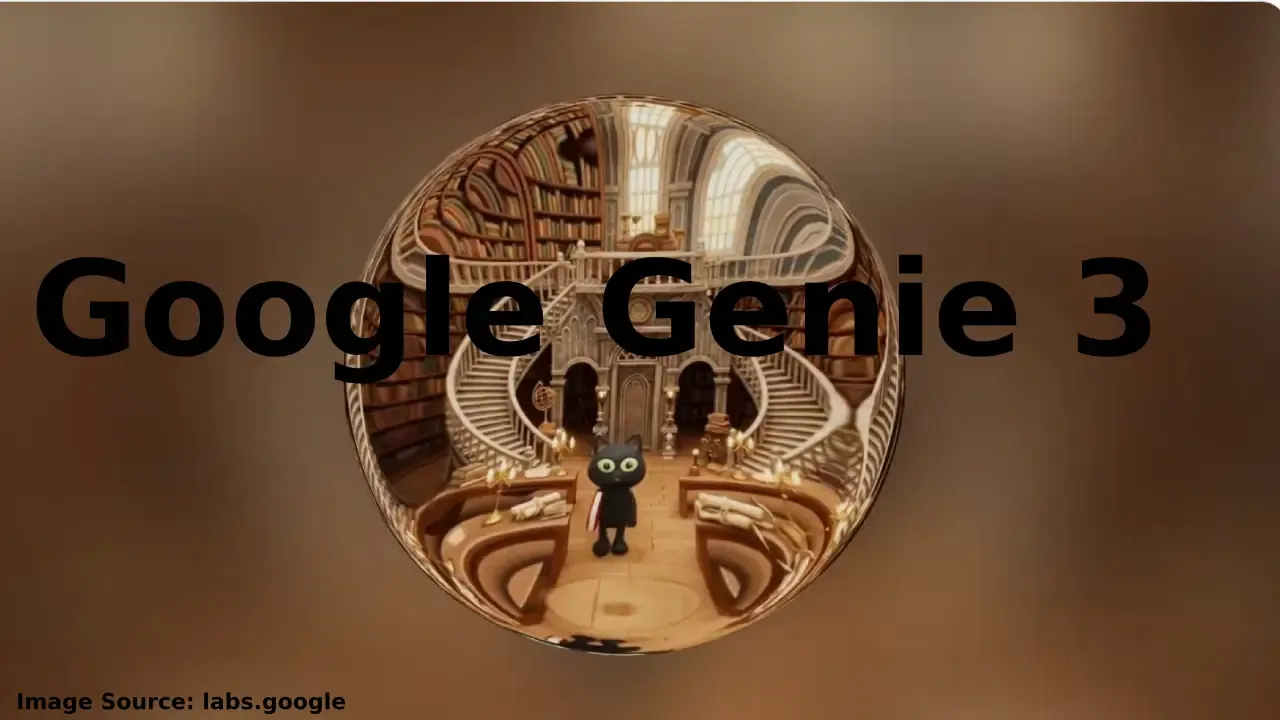 Google Genie 3 AI का चित्रण: एक इंटरएक्टिव 3D गेमिंग वर्ल्ड जहां खिलाड़ी उड़ान भर रहा है, बैकग्राउंड में गिरते हुए वीडियो गेम स्टॉक चार्ट्स के साथ।