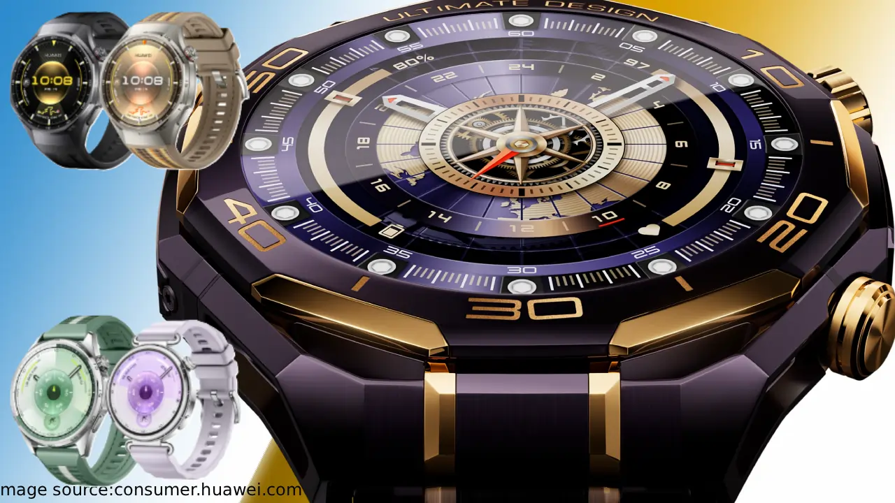 Huawei Smartwatch GT 5 Pro का प्रीमियम टाइटेनियम डिज़ाइन, रेसिंग लेजेंड ट्रेडमार्क लोगो के साथ AMOLED स्क्रीन और फिटनेस ट्रैकिंग फीचर्स दिखाती हुई।