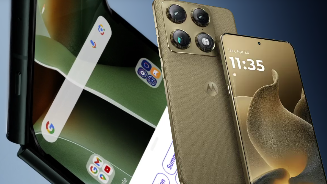 Motorola razr fold 5g का बुक-स्टाइल फोल्डेबल डिज़ाइन: 8.1-इंच 2K LTPO डिस्प्ले खुला हुआ, 50MP ट्रिपल Sony LYTIA कैमरा और टाइटेनियम हिंग Lenovo Tech World 2026 में।