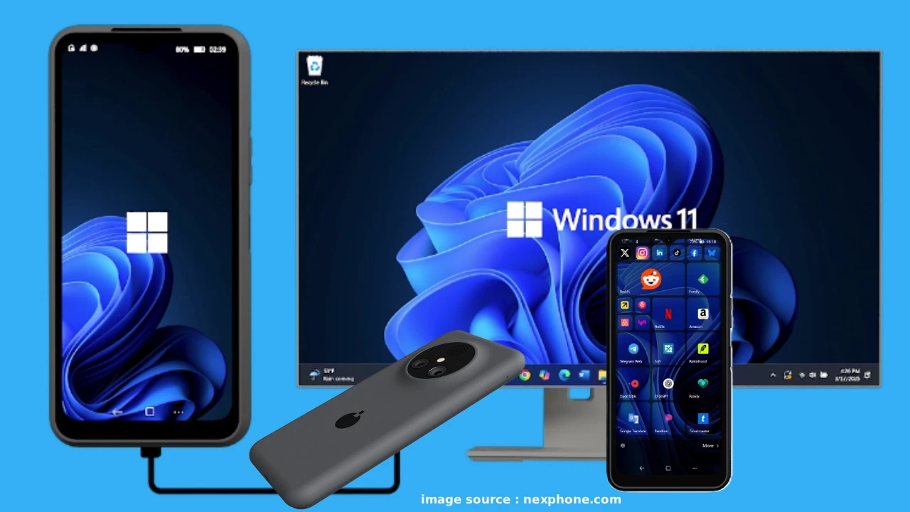 तीन ऑपरेटिंग सिस्टम (Android, Linux, Windows 11) वाला क्रांतिकारी NexPhone स्मार्टफोन का चित्र, जिसमें ट्रिपल OS आइकॉन दिख रहे हैं। NexPhone Price मात्र ₹46,000 में iPhone 17 से सस्ता।