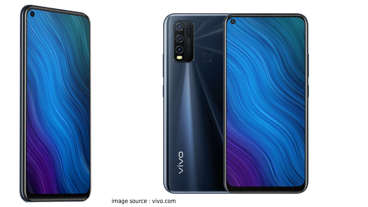 Vivo Y50s 5G smartphone showcasing Vivo Y50S Specifications including 6000mAh battery and MediaTek Dimensity 6300 processor on a sleek black background.