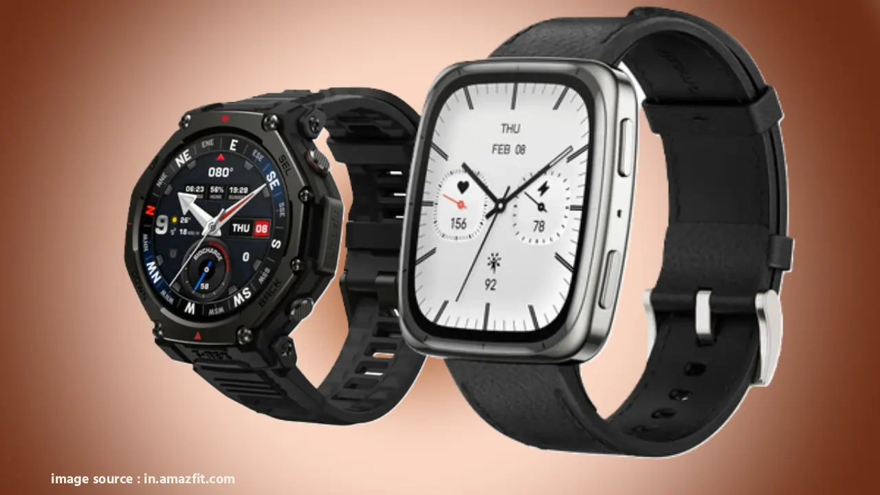 Amazfit watch ,Amazfit Active Max स्मार्टवॉच का चमकदार 1.5-इंच AMOLED डिस्प्ले दिखाते हुए प्रोमो इमेज, जिसमें फिटनेस ट्रैकिंग, लंबी बैटरी लाइफ और आउटडोर एडवेंचर हाइलाइट्स हैं।