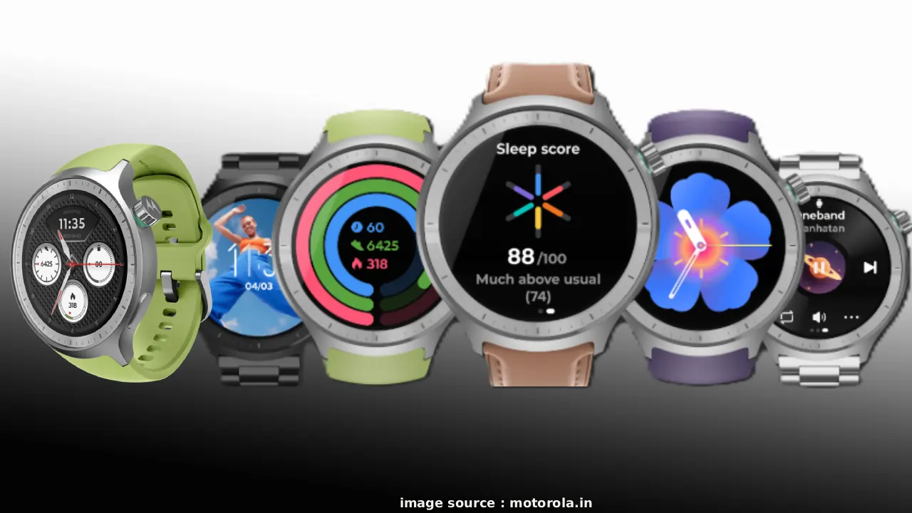 मोटो वॉच का स्टाइलिश मैट ब्लैक डिज़ाइन 1.4-इंच OLED डिस्प्ले, फिटनेस ट्रैकर्स और Moto Watch fit features के साथ भारत में 30 जनवरी से ₹5,999 कीमत पर सेल शुरू।