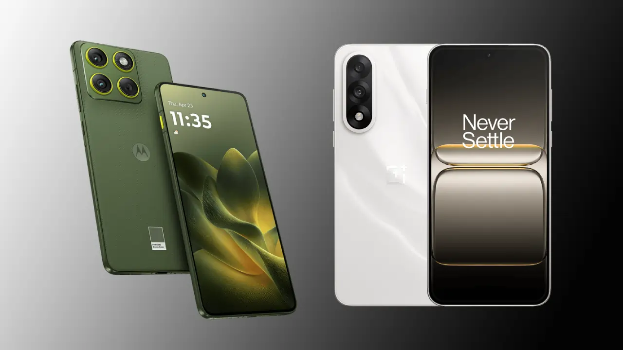 Motorola Edge 70 review, Motorola Edge 70 और OnePlus Nord 5 की साइड‑वाइज़ तस्वीर, ऊपर से देखने पर दोनों स्मार्टफोन के डिज़ाइन और कैमरा मॉड्यूल की तुलना दिखाते हुए।