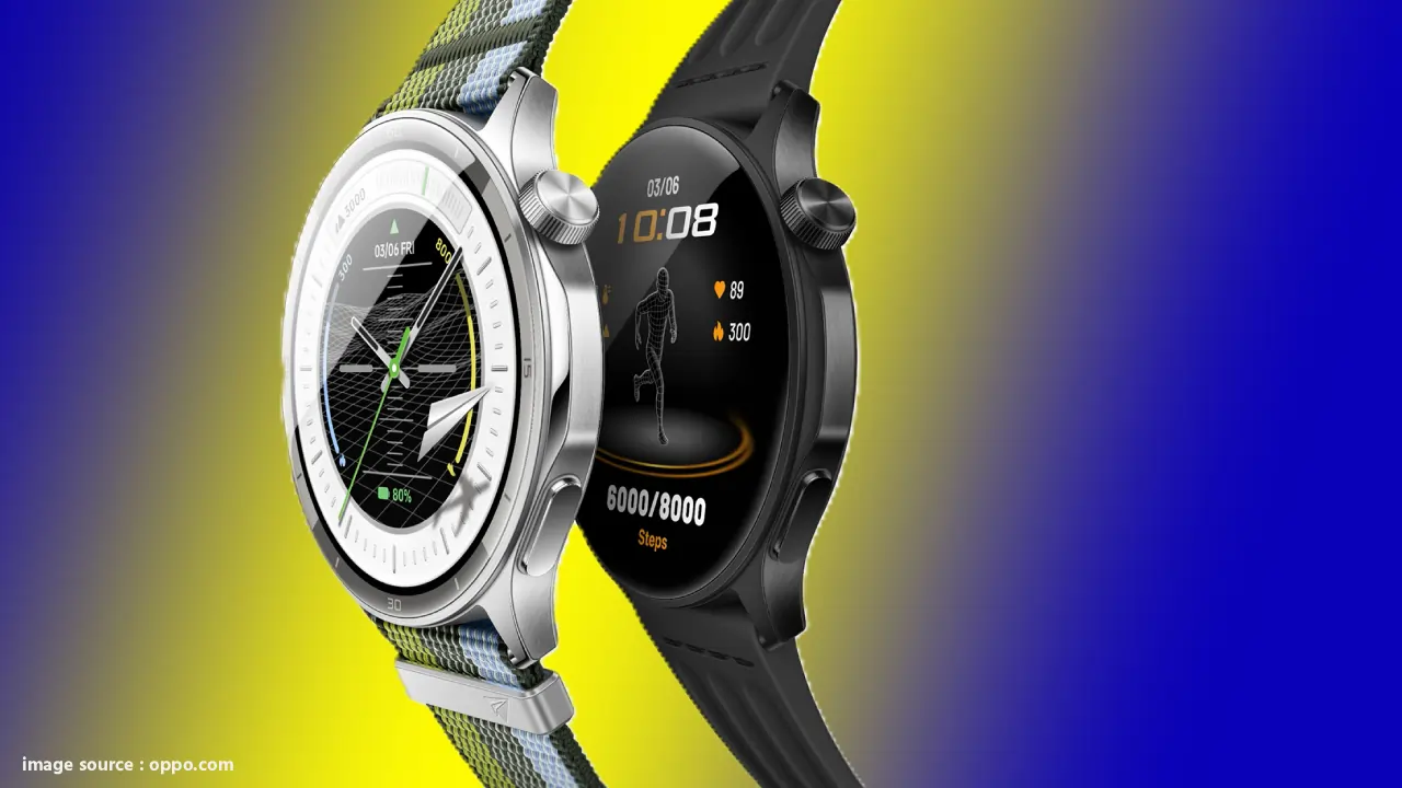 Oppo Watch S स्मार्टवॉच का फीचर इमेज: चमकदार 3,000 निट AMOLED डिस्प्ले, स्लिम 8.9mm स्टेनलेस स्टील बॉडी, GPS ट्रै킹 और ECG सेंसर दिखाते हुए, Phantom Black कलर में आउटडोर सूरज की रोशनी में चमकता हुआ।