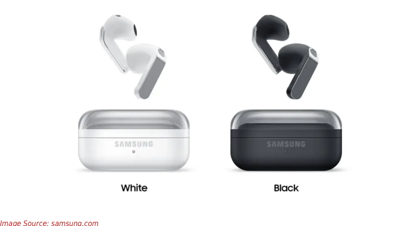 Samsung Galaxy Buds4 Pro वायरलेस ईयरबड्स का शानदार व्यू - प्रीमियम मेटल ब्लेड डिजाइन, एडवांस्ड ANC और Hi-Res ऑडियो के साथ ब्लैक, व्हाइट कलर वेरिएंट्स।