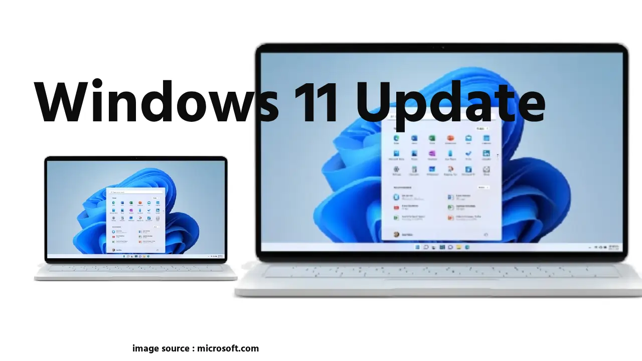 Windows 11 24H2 Update का लोगो दिखाते हुए आधुनिक लैपटॉप स्क्रीन पर कैमरा एन्हांसमेंट फीचर और बग फिक्स आइकॉन, बैकग्राउंड में AI इफेक्ट्स के साथ।