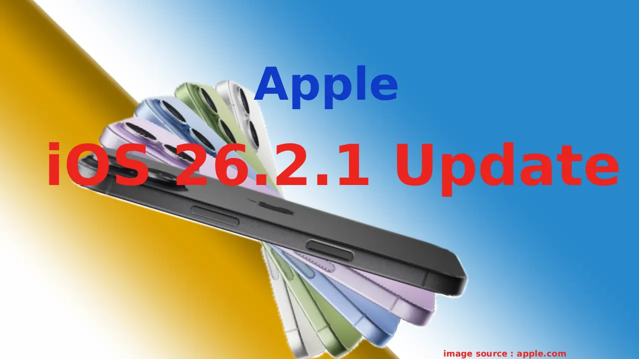 iOS 26.2.1 अपडेट का ग्राफिक: iPhone स्क्रीन पर सॉफ्टवेयर अपडेट नोटिफिकेशन दिखाते हुए Apple लोगो, AirTag 2 डिवाइस और सिक्योरिटी लॉक आइकन के साथ बैकग्राउंड में बग फिक्स और बैटरी इम्प्रूवमेंट हाइलाइट्स। iOS 26.2.1 Update details पर फोकस।