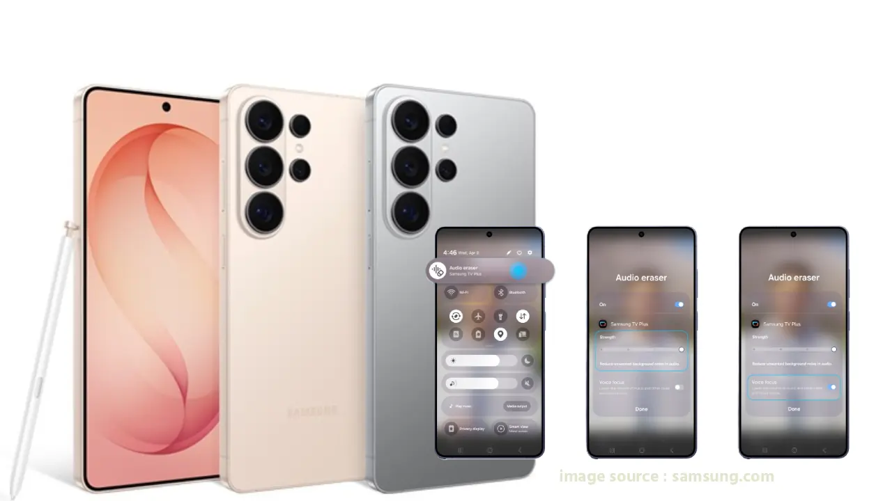 Samsung Galaxy S26 Ultra 5G का Audio Eraser फीचर दिखाते हुए स्मार्टफोन स्क्रीनशॉट – रीयल-टाइम नॉइज़ कैंसलेशन के साथ क्रिस्टल क्लियर वॉयस।